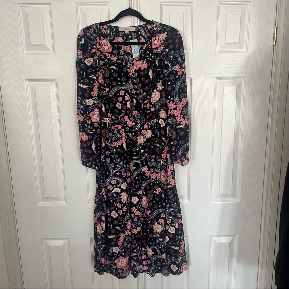 LOFT Petites Navy Pink Floral Paisley Smocked Waist Midi Dress LP New
